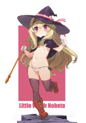  1girl arms_up artist_request bikini black_cloak black_headwear black_thighhighs blonde_hair boots brown_footwear cameltoe character_name clenched_hands cloak copyright_name flat_chest full_body gloves groin hair_over_breasts hairband hat hat_ribbon leg_up little_witch_nobeta loli long_hair micro_panties navel no_bra no_pants no_shirt nobeta panties red_eyes ribbon running side-tie_bikini_bottom solo standing standing_on_one_leg swimsuit thighhighs thighs u0w0v underwear wand weapon white_gloves white_panties witch_hat  rating:Questionable score:81 user:danbooru