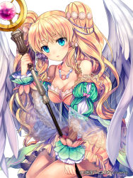  1girl bare_shoulders blonde_hair blue_eyes blush bow breasts cleavage dress ells flower frills hair_ornament jewelry long_hair looking_at_viewer necklace original solo staff twintails very_long_hair wings  rating:Sensitive score:9 user:angryneko