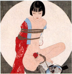  androgynous bdsm black_hair bondage bottomless bound fine_art_parody flower gender_request highres indian_style japanese_clothes male_focus nihonga open_clothes parody rope rose sitting skull solo trap ukiyo-e yamamoto_takato  rating:Questionable score:26 user:gandalf359
