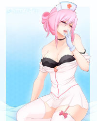  1girl absurdres amanda_evelyn_earl black_bra blue_eyes blush bra breasts choker cleavage clothes garter_straps gloves hat highres my_little_pony nurse nurse_cap nurse_redheart off_shoulder one_eye_closed pink_hair ribbon solo spittfireart thighhighs underwear white_thighhighs  rating:Questionable score:31 user:Lunacy