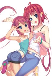 2girls :d antenna_hair bare_shoulders blue_eyes bracelet grabbing_another&#039;s_breast breasts camisole capri_pants character_request female_focus flip-flops gin_(ginshari) grabbing hair_ornament hairclip hinata_kyouko jewelry joshi_mote_na_imouto_to_junan_na_ore long_hair looking_at_viewer midriff multiple_girls one-piece_tan open_mouth pants pink_hair red_hair sandals shoes short_hair shorts smile sneakers star_(symbol) star_hair_ornament tan tanline twintails v v_over_eye very_long_hair yuri rating:Sensitive score:31 user:danbooru