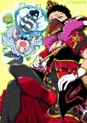 1girl 2boys alice_(alice_in_wonderland) alice_(alice_in_wonderland)_(cosplay) alice_in_wonderland alternate_costume artist_name black_hair black_thighhighs blue_dress boku_no_hero_academia bottle bracelet clenched_hands cosplay crossdressing crown dress eri_(boku_no_hero_academia) feather_trim floating frilled_dress frills gloves grey_hair hand_on_another&#039;s_head heart high_heels highres holding holding_bottle holding_wand horns jewelry katsukame_rikiya long_hair looking_at_viewer mask midair mouth_mask multiple_boys mushroom open_mouth overhaul_(boku_no_hero_academia) pantyhose pectoral_cleavage pectorals plague_doctor_mask puffy_short_sleeves puffy_sleeves queen_of_hearts_(alice_in_wonderland) red_eyes short_hair short_sleeves single_horn sitting striped_clothes striped_pantyhose striped_thighhighs thighhighs tsunao two-tone_background very_short_hair wand white_background yellow_background yellow_eyes