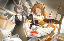  absurdres animal_ears bell black_nails breasts brown_hair cake cake_slice cat_ears dessert food girls&#039;_frontline girls&#039;_frontline_2:_exilium headset highres huangyun indoors large_breasts looking_at_viewer looking_down maid_headdress neck_bell rabbit_ears small_breasts smile tongue tongue_out ump45_(girls&#039;_frontline) ump9_(girls&#039;_frontline) 