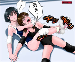  2girls black_eyes black_hair blush brown_eyes brown_hair competition_swimsuit domina_hole elbow_pads headlock knee_pads leg_scissors lying multiple_girls one-piece_swimsuit open_mouth shoes short_hair sweat swimsuit twintails wink wrestling wrestling_ring 