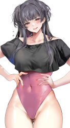  1girl black_hair black_shirt blush breasts cameltoe cleft_of_venus collarbone commentary covered_navel cowboy_shot gluteal_fold hands_on_own_hips highleg highleg_leotard highres idolmaster idolmaster_shiny_colors large_breasts leotard long_hair looking_at_viewer marushin_(denwa0214) mayuzumi_fuyuko parted_lips pink_leotard purple_eyes shirt short_sleeves simple_background smile solo sweat thigh_gap thighs white_background 