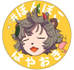 1girl :3 animal_ears animal_nose bird border brown_hair closed_eyes commentary_request facing_viewer flamingo food food-themed_hair_ornament hair_ornament hashtag head_only highres leaf leaf_on_head messy_hair mode_aim mosquito_coil open_mouth ponpoko_(vtuber) popsicle raccoon_ears raccoon_girl round_image short_hair squeans sleepy solo toy_bird utochan_(uptkop) virtual_youtuber watermelon_bar white_border yellow_background