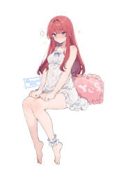  ... 1girl ankle_garter anna_(ikeuchi_tanuma) babydoll bare_shoulders barefoot blush closed_mouth collarbone embarrassed frilled_babydoll full-face_blush hands_on_own_knees highres ikeuchi_tanuma lingerie long_hair original purple_eyes red_hair see-through see-through_babydoll simple_background sitting solo speech_bubble spoken_ellipsis straight_hair sweat underwear white_babydoll white_background yes-no_pillow 