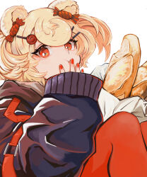 1girl :t absurdres animal_ears arknights baguette black_coat blonde_hair blush bread closed_mouth coat feet_out_of_frame food gummy_(arknights) hair_ornament hairclip hand_on_own_face highres looking_at_viewer pantyhose red_eyes red_nails red_pantyhose shitoro short_hair sitting sleeves_past_wrists solo white_background  rating:General score:5 user:danbooru