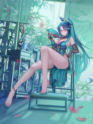  1girl absurdres aqua_dress aqua_eyes aqua_hair aqua_nails bare_legs bare_shoulders barefoot between_breasts black_gloves blue_hair breasts china_dress chinese_clothes cleavage colored_inner_hair dress earrings elbow_gloves elbow_rest falling_petals genshin_impact gloves green_hair hair_between_eyes hair_ornament hair_stick hand_fan highres holding holding_fan jewelry juuhachi_kin_(anthonyy1821) large_breasts long_hair long_legs looking_at_viewer multicolored_hair nail_polish parted_bangs parted_lips petals ponytail print_dress red-framed_eyewear semi-rimless_eyewear shutter_shades sitting smile solo tassel tassel_earrings thighs tiptoes toenail_polish toenails toes very_long_hair xianyun_(genshin_impact) 