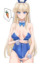 1girl absurdres animal_ears bad_hands bare_shoulders blonde_hair blue_archive blue_bow blue_bowtie blue_eyes blue_hairband blue_leotard bow bowtie breasts carrot commentary detached_collar earpiece fake_animal_ears female_focus gluteal_fold hairband heart heart-shaped_pupils highleg highleg_leotard highres leotard long_hair looking_at_viewer measuring medium_breasts microphone penis_measuring rabbit_ears solo speech_bubble spoken_object standing straight_hair sweat symbol-shaped_pupils toki_(blue_archive) toki_(bunny)_(blue_archive) uun_(uundayo) very_long_hair wrist_cuffs  rating:Sensitive score:29 user:danbooru