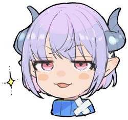  1girl androgynous blush_stickers colored_inner_hair commentary_request cropped_head demon_horns half-closed_eyes horns indie_virtual_youtuber long_pointy_ears looking_at_viewer mimic_(vtuber) multicolored_hair ohitori_(o_hitori_sama_1) pink_eyes pink_hair pointy_ears purple_hair short_hair simple_background smug solo sparkle v-shaped_eyebrows virtual_youtuber white_background 