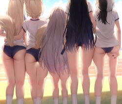 5girls absurdres alternate_costume arm_around_waist ass bare_legs black_hair blonde_hair blue_buruma blue_hair buruma commentary day dog_girl dog_tail english_commentary facing_away feet_out_of_frame fingernails from_behind fuwawa_abyssgard grey_hair gym_shirt gym_uniform head_out_of_frame height_difference highres holding holoadvent hololive hololive_english kneepits koseki_bijou long_hair mococo_abyssgard mole mole_on_thigh multicolored_hair multiple_girls nail_polish nerissa_ravencroft outdoors prab relay_baton running_track shiori_novella shirt short_hair short_sleeves siblings side-by-side sisters socks split-color_hair standing tail tail_raised thighs twins two-tone_hair very_long_hair virtual_youtuber white_shirt white_socks rating:Sensitive score:216 user:danbooru