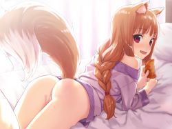 1girl :d alternate_hairstyle animal_ear_fluff animal_ears ass bare_shoulders bed bed_sheet blush bottomless braid brown_hair censored cleft_of_venus comb commentary_request fang from_behind holding holding_comb holo indoors kawakami_rokkaku long_hair looking_at_viewer looking_back lying mosaic_censoring naked_shirt off_shoulder on_bed on_stomach open_mouth pillow pussy red_eyes shirt single_braid smile solo spice_and_wolf tail wolf_ears wolf_girl wolf_tail rating:Explicit score:353 user:danbooru