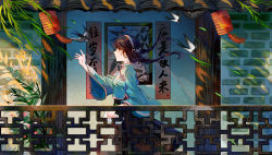  1girl absurdres arm_up bird black_hair black_skirt braid branch brick_wall brown_eyes china_dress chinese_clothes chinese_text closed_mouth commentary doorway dress flower from_side green_dress green_theme hair_ornament hairband highres holding holding_letter jamjar77 lantern leaf letter painting_(object) plant reaching reaching_towards_viewer skirt smile solo standing twin_braids twintails vocaloid vocanese wind yuezheng_ling 