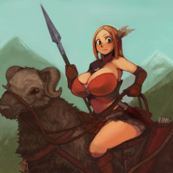  1girl animal arrow_(projectile) bell bow_(weapon) breasts brown_hair bustier cleavage cowbell elbow_gloves feather_hair_ornament feathers gloves feather_hair_ornament huge_breasts large_breasts looking_at_viewer midriff miniskirt mount original outdoors polearm quiver riding skirt smile solo spear sword weapon zarusobababa 