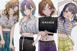  absurdres ahoge arm_up arms_up asakura_toru bag bangle belt belt_buckle black_pants black_shirt blue_hair blush bracelet breast_pocket breasts brown_eyes brown_hair buckle buttons character_name choker cleavage closed_mouth clothes_writing collarbone collared_shirt column_lineup commentary_request cowboy_shot crop_top crop_top_overhang cross cross_earrings denim dot_nose ear_piercing earrings fangs feet_out_of_frame fishnets fukumaru_koito gradient_hair grey_background grey_eyes grey_shirt hair_ornament hairclip half-closed_eyes hand_in_pocket hand_on_own_stomach handbag head_tilt heart heart_hands highres higuchi_madoka hoop_earrings ichikawa_hinana idolmaster idolmaster_shiny_colors iwawa jeans jewelry long_hair looking_at_viewer midriff mole mole_under_eye multicolored_hair multicolored_nails multicolored_shirt multiple_rings nail_polish navel no_navel noctchill_(idolmaster) open_mouth pants parted_bangs parted_lips piercing pocket puffy_sleeves purple_eyes purple_hair purple_shorts ribbon_choker ring shirt short_hair short_sleeves short_twintails shorts shoulder_bag skin_fangs smile twintails white_shirt yellow_shorts 