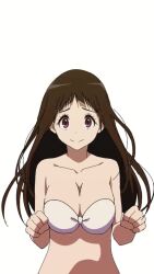 &gt;_&lt; 1girl animated audible_music bare_shoulders bikini black_hair blush bouncing_breasts breasts chitanda_eru collarbone dancing embarrassed hands_on_own_face hide highres hyouka large_breasts looking_at_viewer navel purple_eyes simple_background smile sound stomach strapless strapless_bikini swimsuit tagme video white_background white_bikini rating:Sensitive score:107 user:PuttHutt