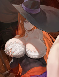 1girl bare_shoulders grabbing_another&#039;s_breast breasts brown_eyes brown_hair cleavage detached_sleeves dragon&#039;s_crown dress grabbing grabbing_own_breast hat highres huge_breasts long_hair looking_at_viewer nail_polish grabbing_own_breast sitting smile solo sorceress_(dragon&#039;s_crown) spread_legs strapless strapless_dress thighs witch_hat yd_(orange_maru) rating:Sensitive score:149 user:danbooru