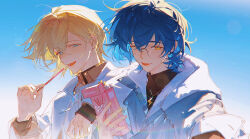 2boys :p aoba_tsugumi arm_on_another&#039;s_shoulder black_jacket black_shirt black_sleeves black_undershirt blonde_hair blue_eyes blue_hair blue_sky blue_sleeves box brown_shirt closed_mouth coattails collar collared_jacket commentary_request crim0x0 denim denim_jacket eating ensemble_stars! fingernails food glasses gleam gradient_sky highres holding holding_box jacket jewelry layered_sleeves lens_flare lightning_bolt_necklace long_sleeves male_focus multiple_boys necklace pocky round_eyewear shirt short_hair short_over_long_sleeves short_sleeves sky sleeves_past_wrists smile strawberry_pocky tenshouin_eichi tongue tongue_out turtleneck upper_body white_collar white_jacket yellow_eyes