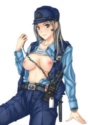  1girl bad_id bad_pixiv_id belt black_hair breasts clothes_lift hat himejima himeshima_koukichi nipples open_clothes open_shirt police police_hat police_uniform policewoman shirt shirt_lift simple_background solo type6 uniform watch wristwatch 