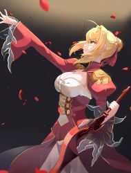  1girl absurdres ahoge arm_up blonde_hair braid braided_bun breasts cleavage closed_mouth cowboy_shot dress fate/extra fate_(series) from_side green_eyes hair_bun hair_intakes highres holding holding_sword holding_weapon large_breasts long_sleeves nero_claudius_(fate) nero_claudius_(fate)_(all) nero_claudius_(fate/extra) petals profile short_hair_with_long_locks shrug_(clothing) sidelocks smile solo standing sungnyung15 sword weapon wide_sleeves  rating:Sensitive score:18 user:danbooru