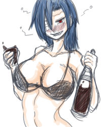 alcohol blue_hair blush breasts cleavage drunk looking_at_viewer red_eyes skullgirls valentine_(skullgirls) rating:Questionable score:15 user:Juni221
