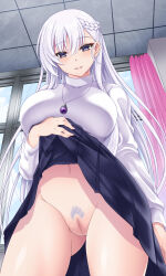  1girl absurdres alternate_costume azur_lane belfast_(azur_lane) breasts cleft_of_venus clothes_lift female_pubic_hair highres jewelry large_breasts lifting_own_clothes long_hair looking_at_viewer necklace no_panties pendant pubic_hair purple_hair shirt skirt skirt_lift smile sogegin turtleneck turtleneck_shirt white_hair  rating:Questionable score:9 user:danbooru