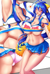  1girl antenna_hair arc_system_works ass bare_shoulders blazblue blue_hair blush bow breasts cameltoe cheerleader cleavage from_behind hair_bow hair_ribbon highres large_breasts long_hair looking_at_viewer mai_natsume miniskirt multiple_views one_eye_closed open_mouth panties pink_panties pom_pom_(cheerleading) ponytail purple_eyes ribbon shiboru shiboru_arata shiny_skin skirt smile solo sweat thick_thighs thighs underboob underwear very_long_hair 