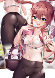  1girl :d ass bag black_pants bow breasts brown_hair cleavage crop_top cup disposable_cup doki_doki_literature_club duffel_bag from_behind green_eyes groin hair_bow hair_intakes hands_up highres holding large_breasts long_hair looking_at_viewer midriff monika_(doki_doki_literature_club) multiple_views navel open_mouth pants ponytail sidelocks sleeveless smile sports_bra squchan starbucks stomach very_long_hair yoga_pants  rating:Sensitive score:129 user:danbooru