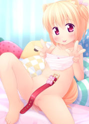  1girl :p animal_ears barefoot blonde_hair bow bow_panties collar dog_ears dog_tail double_v haru_(inuarashi) holding holding_clothes holding_panties holding_underwear inuarashi loli nude original panties unworn_panties pillow pink_panties red_eyes short_hair solo striped tail tongue tongue_out underwear v  rating:Questionable score:57 user:danbooru
