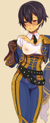  1girl 2equal8 belt black_belt black_hair black_neckwear blue_jacket blue_legwear blue_pants blush breasts breath brown_gloves cameltoe cleft_of_venus empty_eyes epaulettes exhibitionism facial_hair feathers female_focus frilled_jacket frills full-face_blush gloves gold_trim hat hat_feather unworn_hat unworn_headwear highres holding holding_clothes holding_hat jacket medium_breasts megido72 military military_uniform multiple_belts naughty_face nipples no_bra off_shoulder pants public_indecency red_eyes see-through shirt short_hair simple_background solo standing steam striped sweat sweatdrop tan_background tight_clothes tight_pants tomboy undressing uniform white_feathers white_shirt zagan_(megido72)  rating:Questionable score:122 user:danbooru