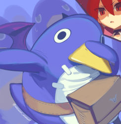  1girl bird black_choker boa_(brianoa) choker commentary dab_(dance) disgaea earrings english_commentary etna_(disgaea) frown hair_between_eyes highres jewelry meme parted_lips penguin pouch prinny red_eyes red_hair shaded_face solo_focus twitter_username wings  rating:General score:7 user:danbooru