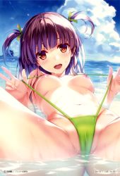 1girl :d absurdres blue_sky blunt_bangs blush breasts brown_eyes cameltoe cloud copyright_request day gradient_background green_one-piece_swimsuit hair_ribbon highres horizon island looking_at_viewer lying medium_breasts misaki_kurehito navel nipples ocean on_back one-piece_swimsuit open_mouth outdoors partially_submerged partially_visible_vulva purple_hair ribbon sky slingshot_swimsuit smile solo sparkle spread_legs strap_pull sunlight swimsuit thighs two_side_up water water_drop watermark web_address wet  rating:Questionable score:112 user:danbooru