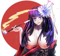  1girl absurdres breasts breasts_out cleavage final_fantasy final_fantasy_xiv flower hair_ornament highres japanese_clothes kimono large_breasts long_hair looking_at_viewer nipples purple_eyes purple_hair smile smoking_pipe solo upper_body yotsuyu_goe_brutus  rating:Questionable score:10 user:omegasigma