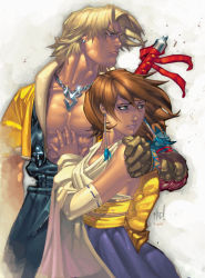  00s blonde_hair brown_hair earrings final_fantasy final_fantasy_x hand_on_another&#039;s_chest hood jewelry necklace short_hair sword tidus weapon yuna  rating:Sensitive score:15 user:Eiji
