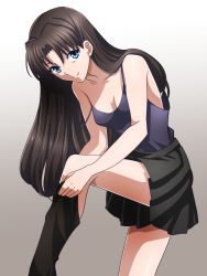  1girl aono_shimo aqua_eyes bare_legs bare_shoulders black_skirt breasts brown_hair cleavage collarbone dressing fate/stay_night fate_(series) female_focus gradient_background hair_down highres leaning leaning_forward leg_lift legs long_hair looking_at_viewer off_shoulder pleated_skirt single_thighhigh skirt smile solo strap_slip tank_top thighhighs thighhighs_pull tohsaka_rin very_long_hair  rating:Sensitive score:47 user:Rin_Tohsaka