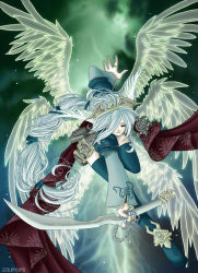 angel angel_wings closed_eyes seraph silver_hair sword weapon wings rating:Sensitive score:1 user:elemental_guy