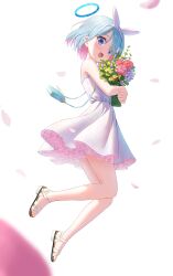  1girl absurdres alternate_costume arona_(blue_archive) bag blue_archive blue_eyes blue_hair blush bouquet cherry_blossoms colored_inner_hair commentary dress eyes_visible_through_hair falling_petals feet flower frilled_dress frills from_side full_body hair_over_one_eye hairband halo handbag highres holding holding_bouquet looking_at_viewer multicolored_hair nay open_mouth petals pink_hair sandals short_hair simple_background sleeveless sleeveless_dress smile solo toes white_background white_dress white_hairband 