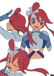  1girl :d blue_eyes blush_stickers commentary_request creatures_(company) cropped_jacket game_freak gloves hair_ornament highres index_fingers_together jacket looking_at_viewer multiple_views nintendo one_eye_closed one_side_up open_mouth ora_(oraora_oekaki) pokemon pokemon_bw red_hair sidelocks skyla_(pokemon) smile sweatdrop tongue tongue_out 