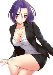  10s 1girl breasts cleavage contemporary jacket kantai_collection large_breasts leg_up crossed_legs looking_at_viewer miniskirt office_lady pencil_skirt purple_eyes purple_hair sakiyamama short_hair simple_background skirt smile solo tatsuta_(kancolle) thighs white_background  rating:Sensitive score:32 user:danbooru
