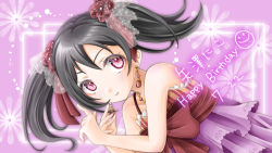  1girl artist_name artist_request bakka_moon bare_shoulders black_hair blush bow breasts collarbone dress earrings female_focus flower frilled_dress frills hair_bow hair_flower hair_ornament jewelry looking_at_viewer love_live! love_live!_school_idol_festival love_live!_school_idol_project necklace parted_lips purple_skirt red_bow red_dress red_eyes red_flower short_hair skirt small_breasts smile solo twintails yazawa_nico 