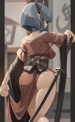 1girl ass backboob bare_shoulders blue_hair bob_cut borrowed_character breasts cameltoe character_request clothes_lift commission feet_out_of_frame from_behind genek highres horns japanese_clothes katana kimono kimono_lift large_breasts looking_at_viewer looking_back nape original panties pixiv_commission pointy_ears red_eyes short_hair skirt skirt_lift solo sword thigh_gap thighs underwear weapon white_panties wide_sleeves rating:Sensitive score:63 user:danbooru