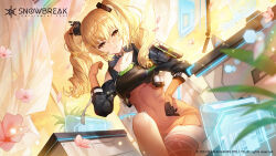  1girl apple_caramel blonde_hair breasts collarbone covered_navel curtains dress dutch_angle fenny_golden flower formal highres medium_breasts official_art pleated_dress popped_collar science_fiction sitting smile snowbreak:_containment_zone solo suit sunset twintails v-shaped_eyebrows yellow_eyes 