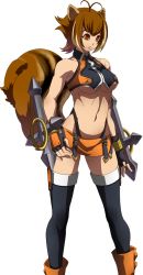  1girl :3 animal_ears arc_system_works blazblue blazblue:_continuum_shift breasts female_focus gloves makoto_nanaya official_art simple_background skirt solo squirrel_tail standing tail thighhighs tonfa underboob weapon  rating:Questionable score:49 user:nobody117