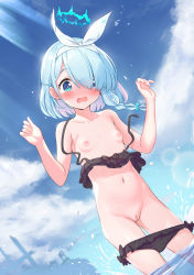  1girl :d @_@ absurdres alternate_costume arona_(blue_archive) bare_arms bare_shoulders bikini bikini_pull black_bikini blue_archive blue_eyes blue_hair blue_sky blush braid breasts breasts_out cleft_of_venus clothes_pull cloud collarbone day embarrassed female_focus frilled_bikini frills fubuki_rinne groin hair_over_one_eye hairband halo hands_up highres loli looking_at_viewer multicolored_hair navel nipples ocean open_mouth outdoors pussy short_hair sky small_breasts smile solo standing swimsuit wading wardrobe_malfunction water  rating:Explicit score:210 user:danbooru