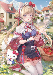  1girl 2024 air_bubble animal_ears apple black_skirt blonde_hair blunt_bangs bow bubble capelet cat_ears double_bun fake_animal_ears fangs floating_hair food frilled_skirt frills fruit hair_bun hair_ribbon hairband hello_kitty hello_kitty_(character) highres kneeling long_hair looking_at_viewer mary_janes momoko_(momopoco) open_mouth outdoors pink_bow purple_eyes red_bow red_footwear red_nails red_ribbon ribbon sanrio shoes skirt smile solo thighhighs twintails white_capelet white_hairband white_thighhighs zettai_ryouiki 