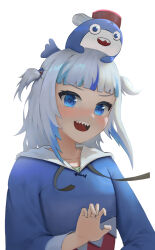  1girl :d absurdres bloop_(gawr_gura) blue_eyes blue_hoodie blunt_bangs blush gawr_gura gawr_gura_(1st_costume) highres hololive hololive_english hood hoodie multicolored_hair nose_blush open_mouth sharp_teeth sidelocks smile somupa straight-on streaked_hair teeth two_side_up upper_body upper_teeth_only virtual_youtuber white_hair 