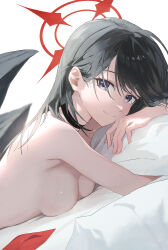  1girl absurdres arm_support armpit_crease bed black_choker black_hair black_wings blue_archive blue_eyes breasts choker cleavage closed_mouth commentary completely_nude feathered_wings halo highres hugging_object ichika_(blue_archive) light_smile looking_at_viewer lying matttttya1 medium_breasts neckerchief nude on_stomach pillow pillow_hug red_halo red_neckerchief simple_background solo swept_bangs unusually_open_eyes unworn_neckerchief upper_body white_background wings 