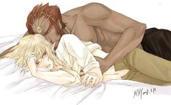 bed blonde_hair blush ganondorf link mtfy_(artist) pointy_ears topless_male the_legend_of_zelda yaoi rating:Explicit score:32 user:givemeallyourlove