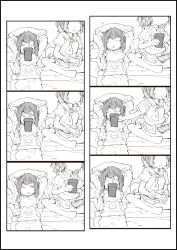 1girl alternate_costume aoba_(kancolle) breasts closed_eyes comic controller drink greyscale hair_ornament kantai_collection long_hair monochrome open_mouth school_uniform serafuku simple_background sleeping small_breasts solo taihou_(kancolle) utsuwa white_background 